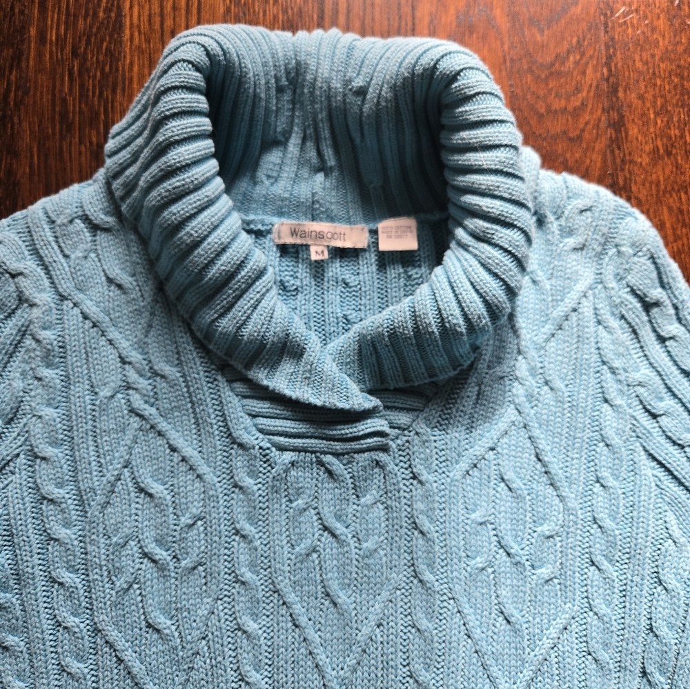 Wainscott Teal Cable Knit Shawl Collar Preppy Cotton Sweater Size M - Picture 3 of 5